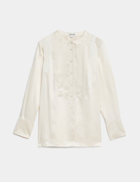 Pure Silk Round Neck Bib Detail Shirt