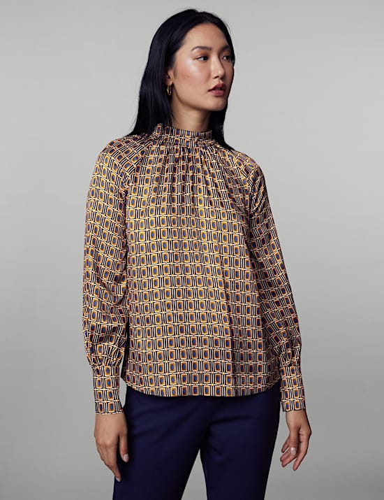 Geometric High Neck Blouson Sleeve Blouse