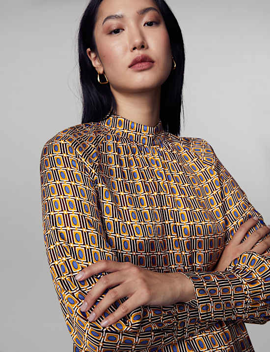 Geometric High Neck Blouson Sleeve Blouse