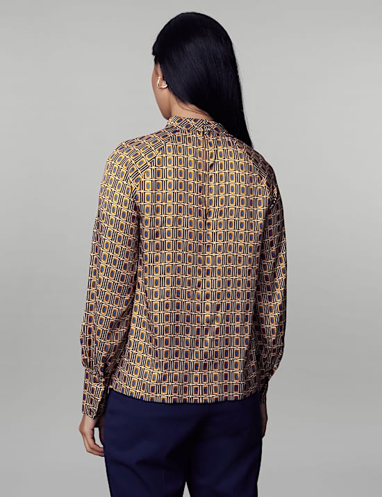 Geometric High Neck Blouson Sleeve Blouse