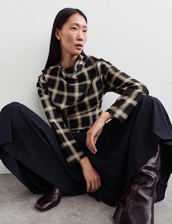 Cotton Rich Checked Cowl Neck Blouse with Silk