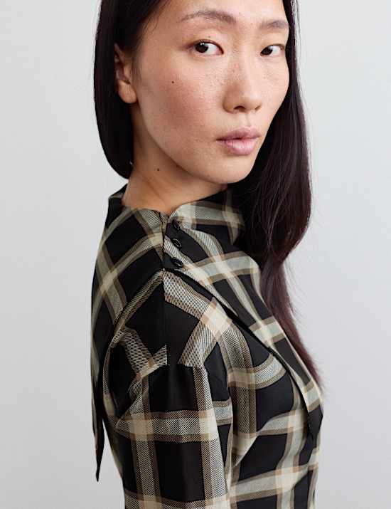 Cotton Rich Checked Cowl Neck Blouse with Silk