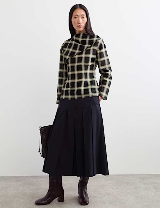 Cotton Rich Checked Cowl Neck Blouse with Silk