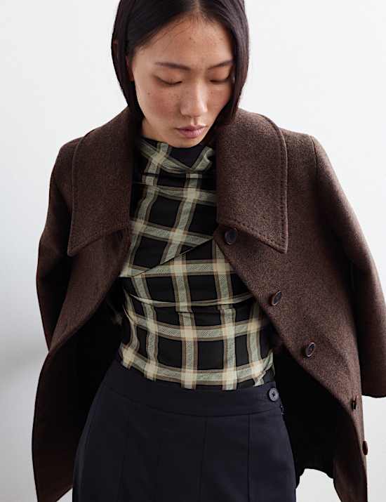 Cotton Rich Checked Cowl Neck Blouse with Silk