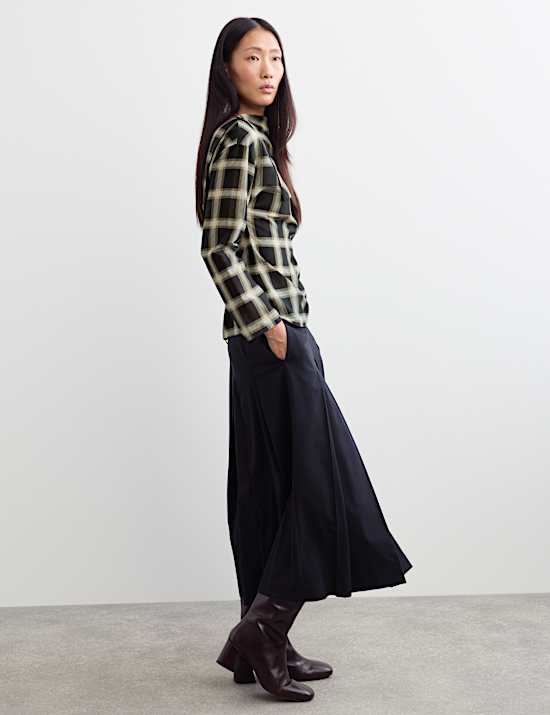 Cotton Rich Checked Cowl Neck Blouse with Silk