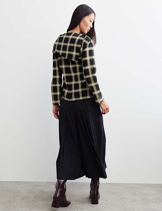 Cotton Rich Checked Cowl Neck Blouse with Silk