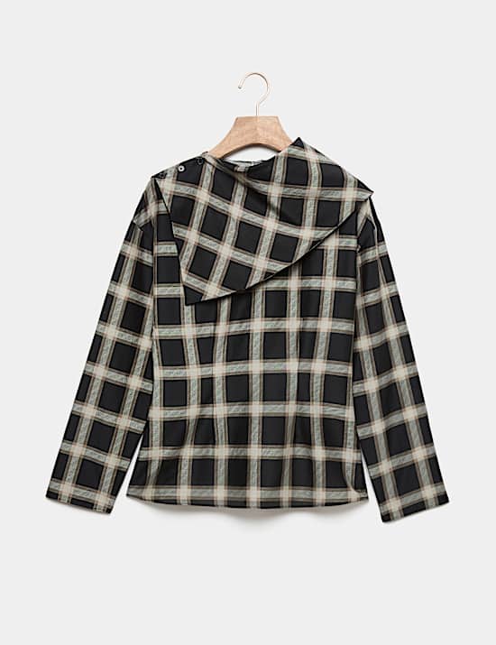 Cotton Rich Checked Cowl Neck Blouse with Silk