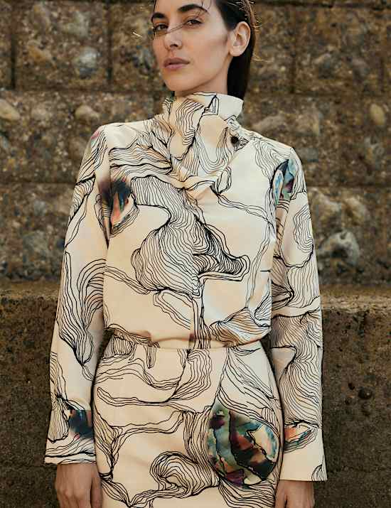 Top en soie mélangée à encolure drapée et imprimé huîtres