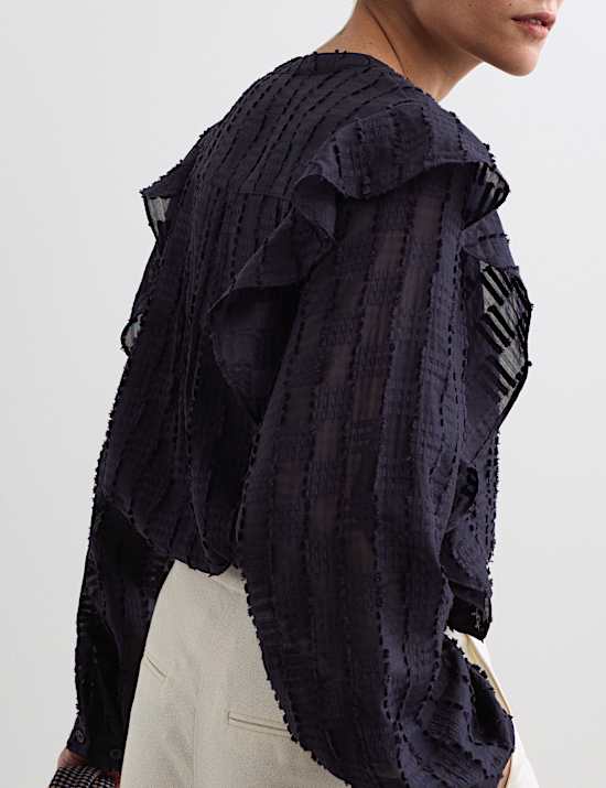 Textured Ruffle Button Through Blouse