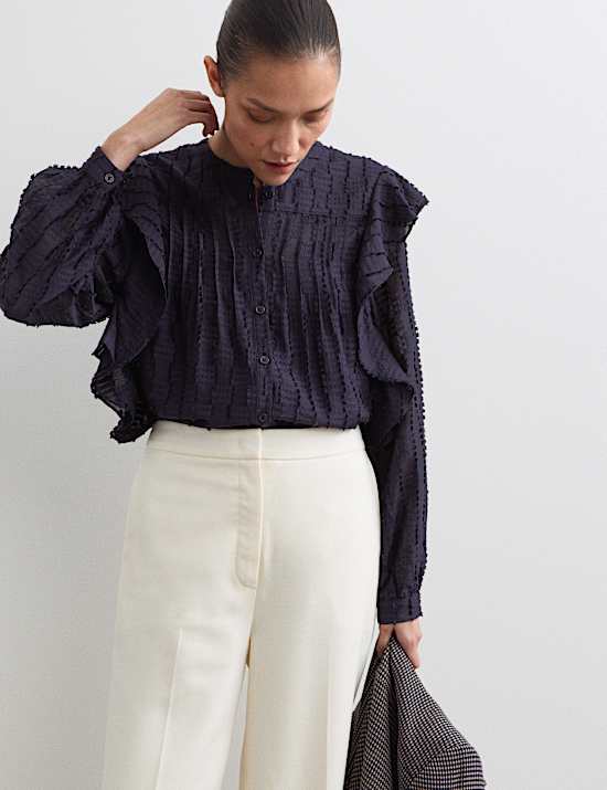 Textured Ruffle Button Through Blouse