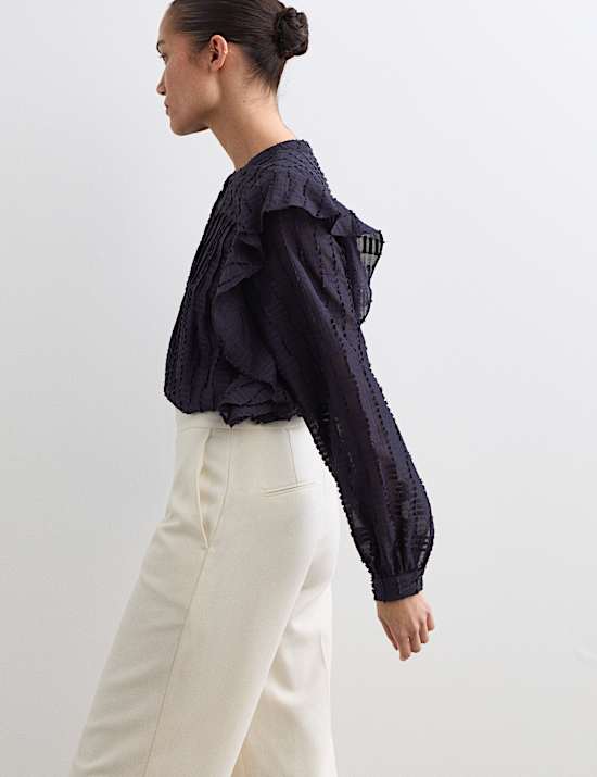 Textured Ruffle Button Through Blouse