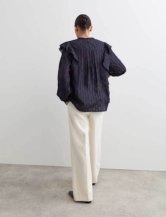 Textured Ruffle Button Through Blouse