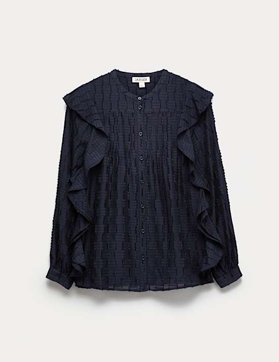 Textured Ruffle Button Through Blouse