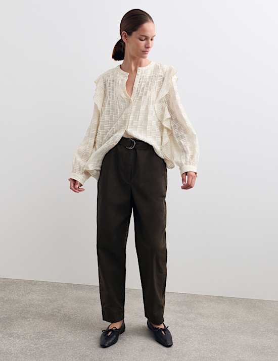 Textured Ruffle Button Through Blouse