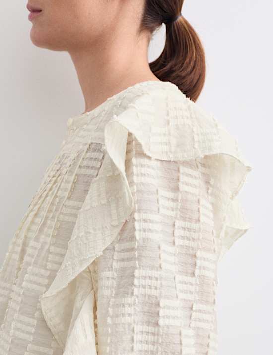 Textured Ruffle Button Through Blouse
