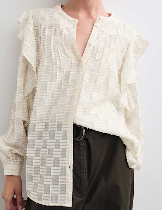 Textured Ruffle Button Through Blouse