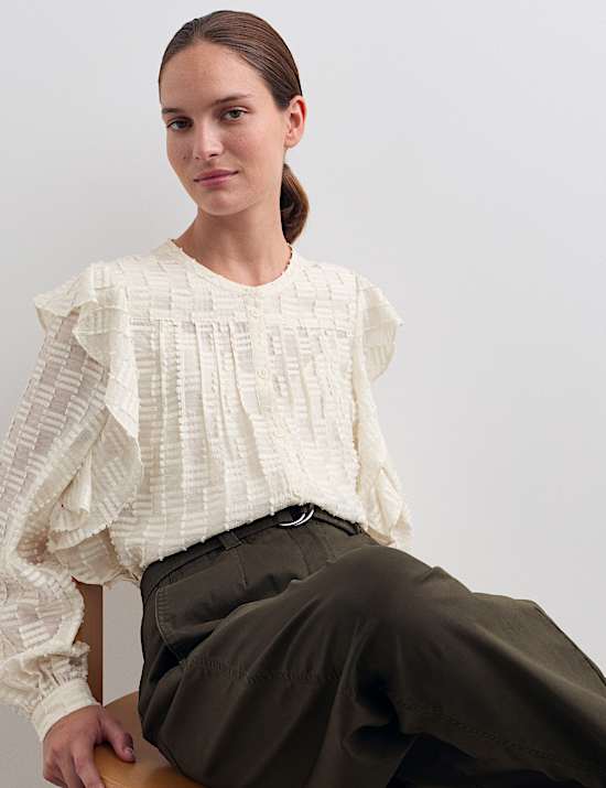 Textured Ruffle Button Through Blouse