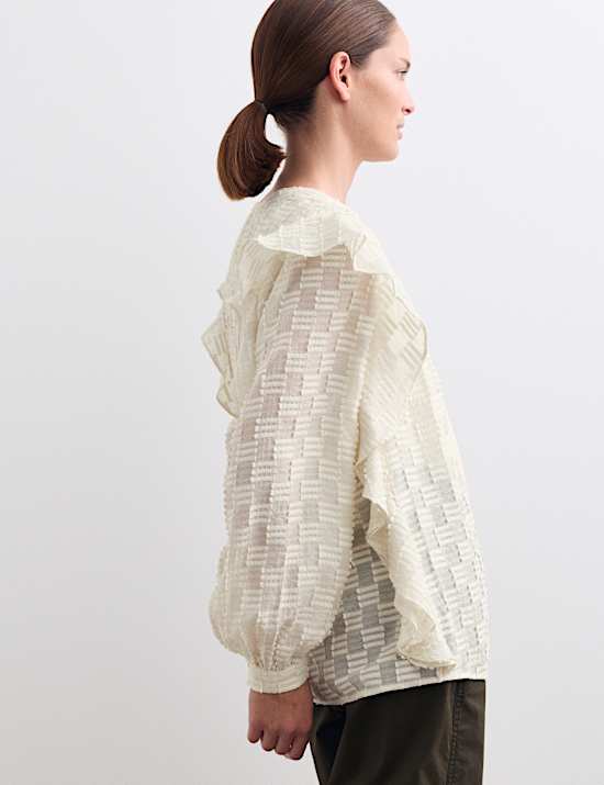 Textured Ruffle Button Through Blouse