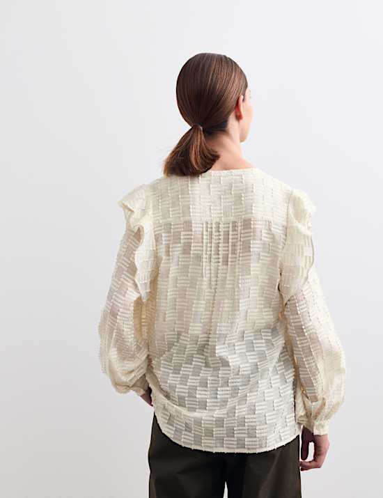 Textured Ruffle Button Through Blouse