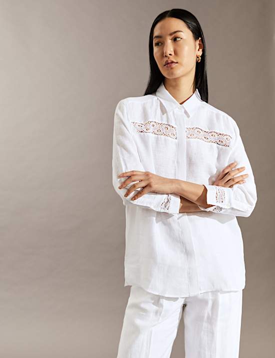 Pure Linen Collared Lace Insert Shirt