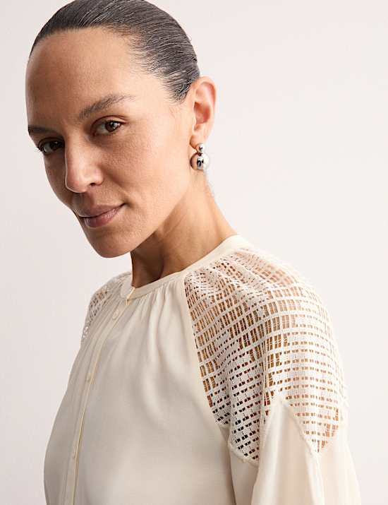 Lace Insert Collarless Button Through Blouse