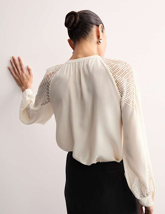Lace Insert Collarless Button Through Blouse