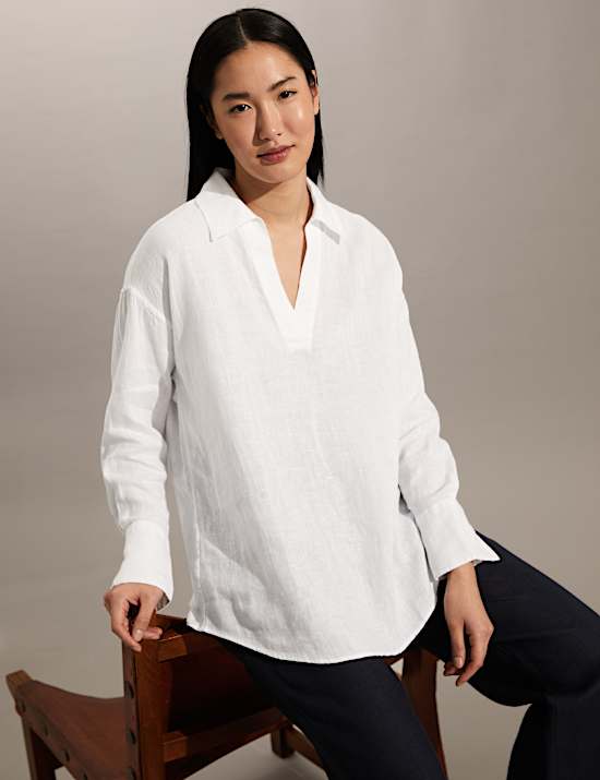 Pure Linen V-Neck Popover Blouse