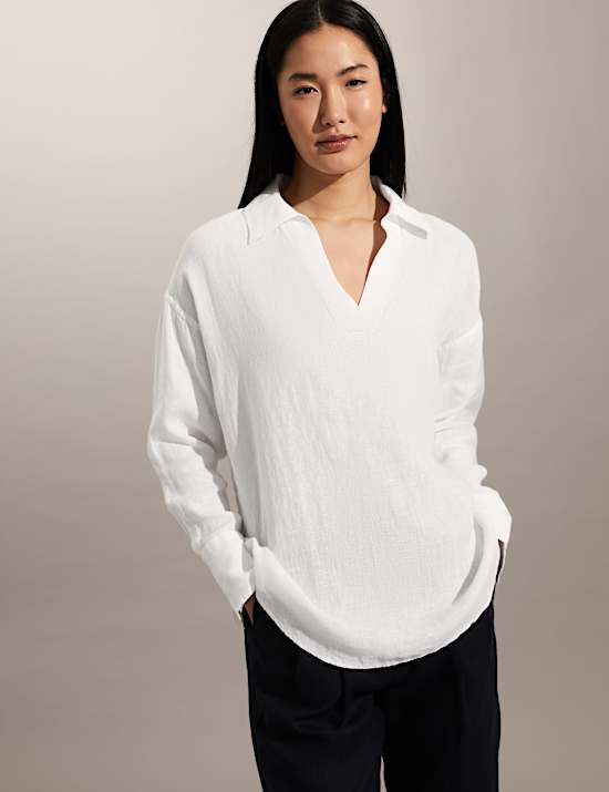 Pure Linen V-Neck Popover Blouse