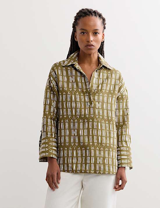 Pure Linen Dash Printed Popover Blouse