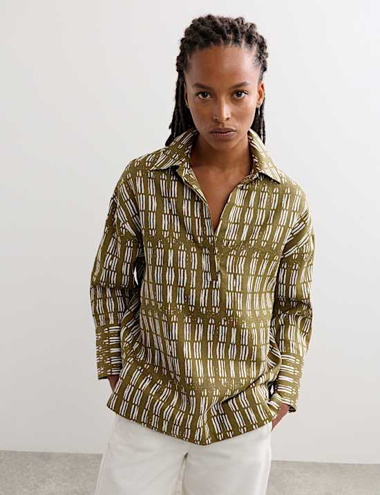Pure Linen Dash Printed Popover Blouse
