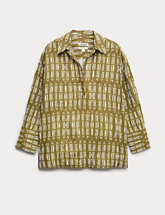 Pure Linen Dash Printed Popover Blouse