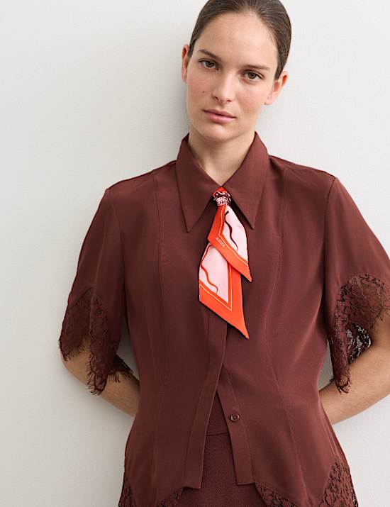 Camisa 100 % seda con inserto de encaje