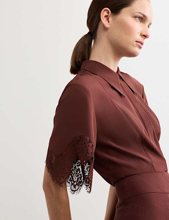 Camisa 100 % seda con inserto de encaje