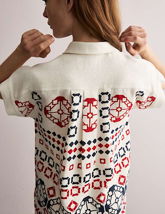 Top 100 % lin imprimé à petites manches et encolure