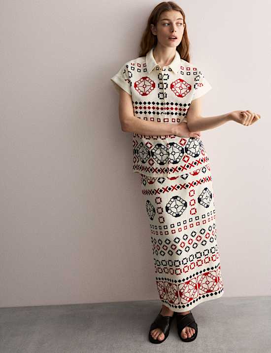 Top 100 % lin imprimé à petites manches et encolure