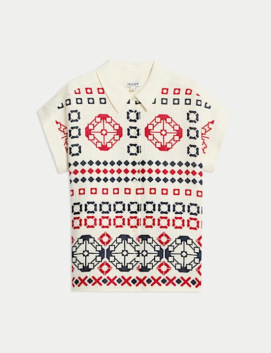 Top 100 % lin imprimé à petites manches et encolure