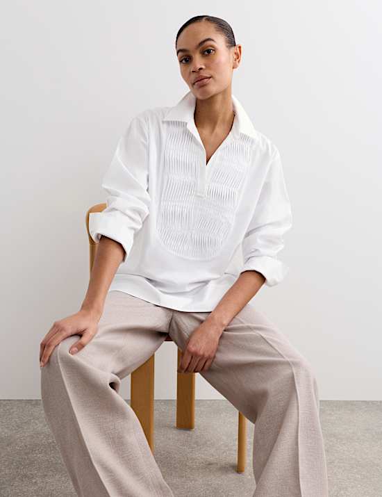 Pure Cotton Collared Bib Detail Shirt