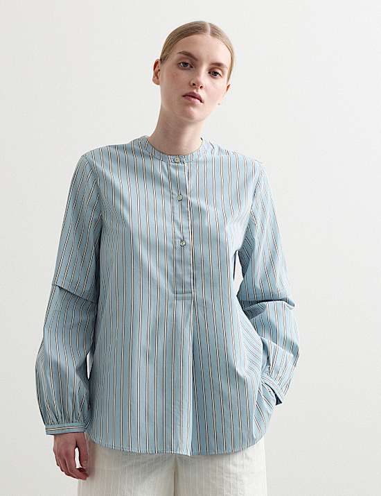 Pure Cotton Striped Collarless Shirt