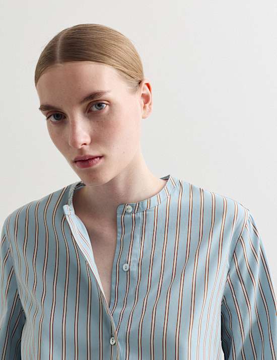 Pure Cotton Striped Collarless Shirt