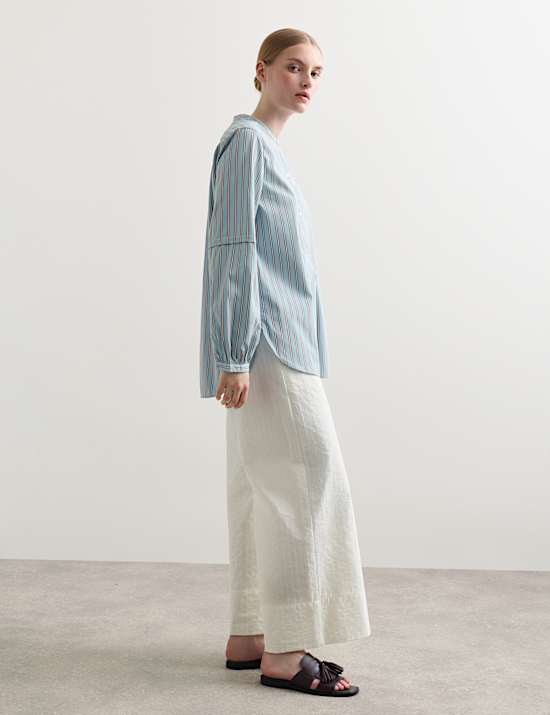 Pure Cotton Striped Collarless Shirt