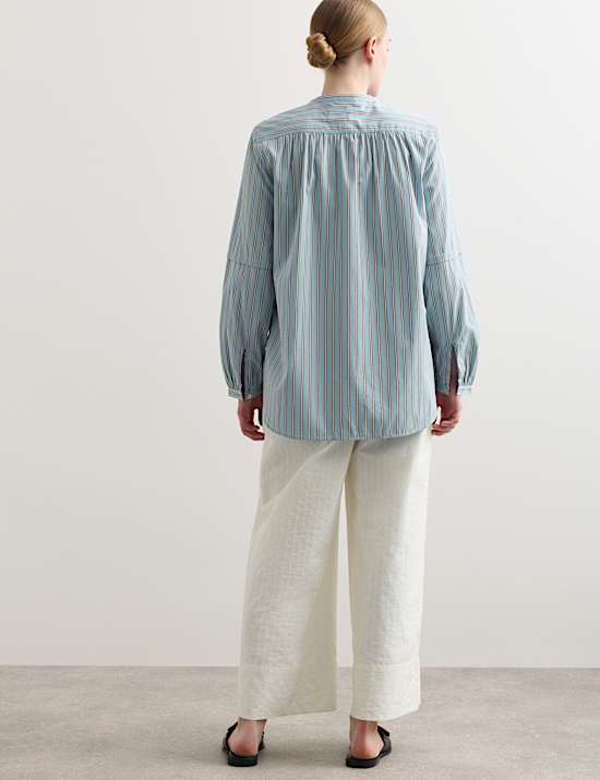 Pure Cotton Striped Collarless Shirt