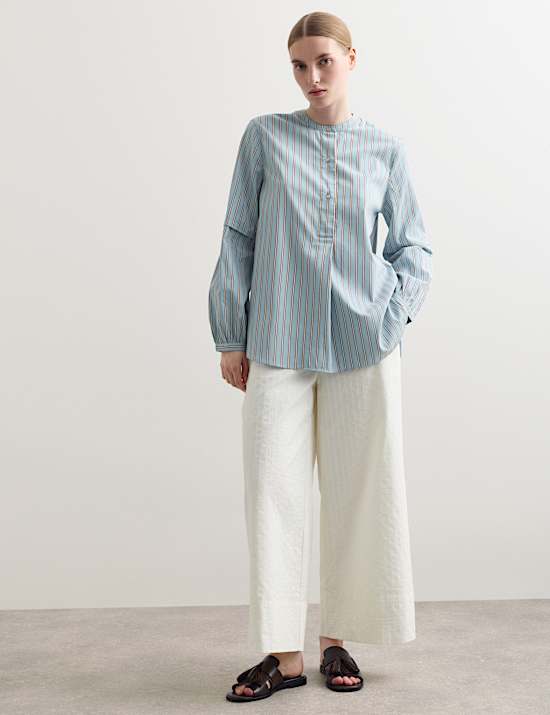 Pure Cotton Striped Collarless Shirt