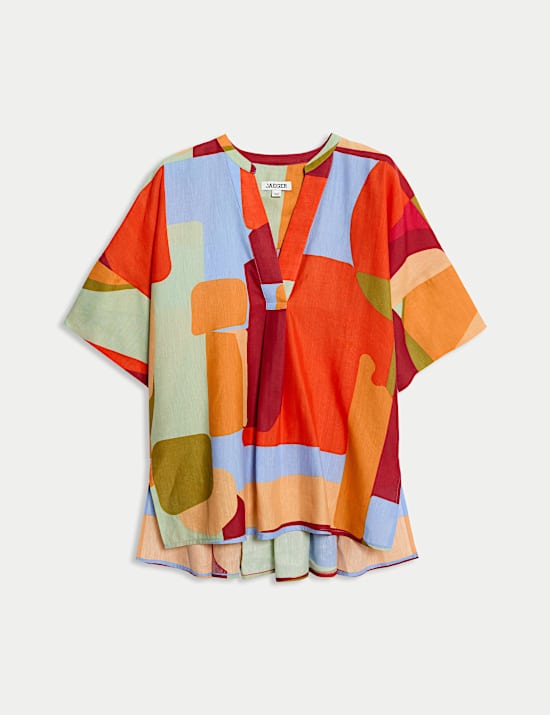 Top en lin imprimé à col en V