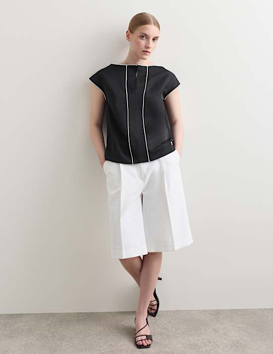 Satin Back Top Contrast Trim with Linen