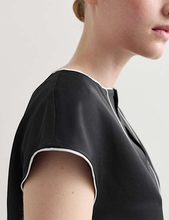 Satin Back Top Contrast Trim with Linen