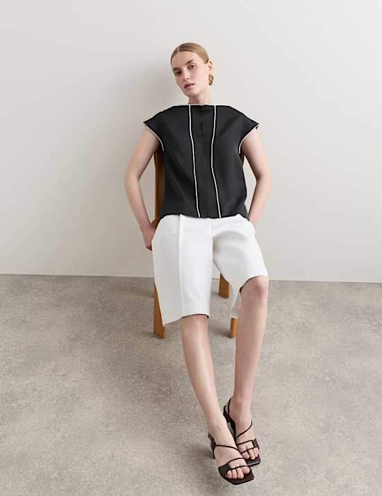 Satin Back Top Contrast Trim with Linen