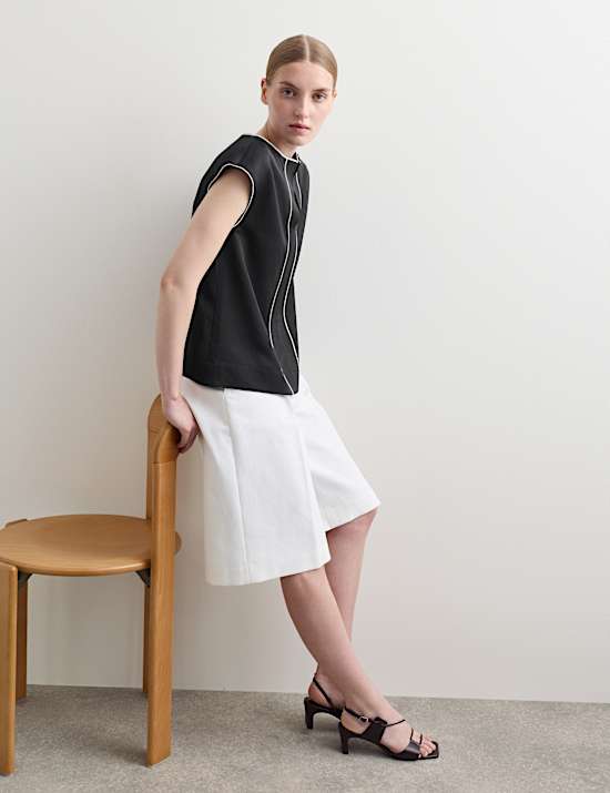 Satin Back Top Contrast Trim with Linen