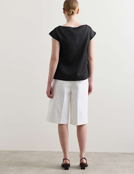 Satin Back Top Contrast Trim with Linen