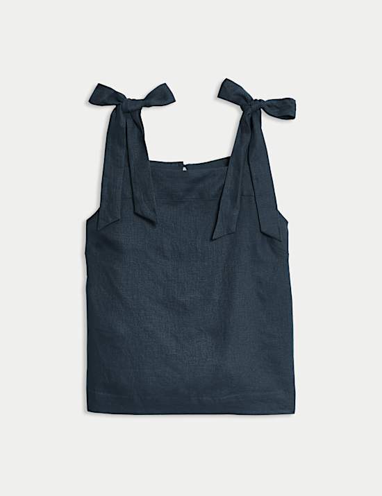 Top van zuiver linnen met vierkante hals en strikbandjes