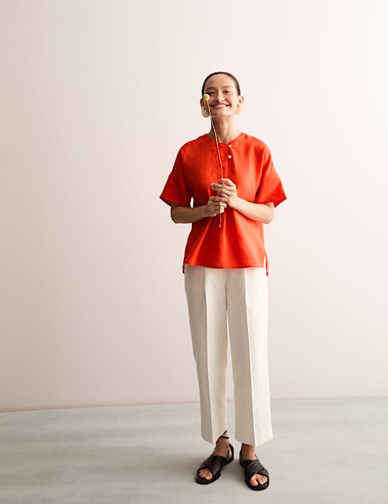 Top 100 % lino con detalle de botón